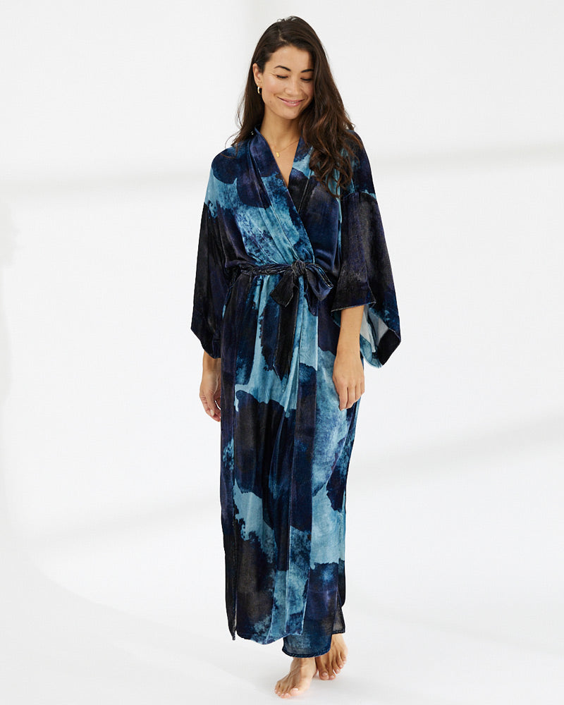 Midnight Ink Silk Velvet Kimono Robe