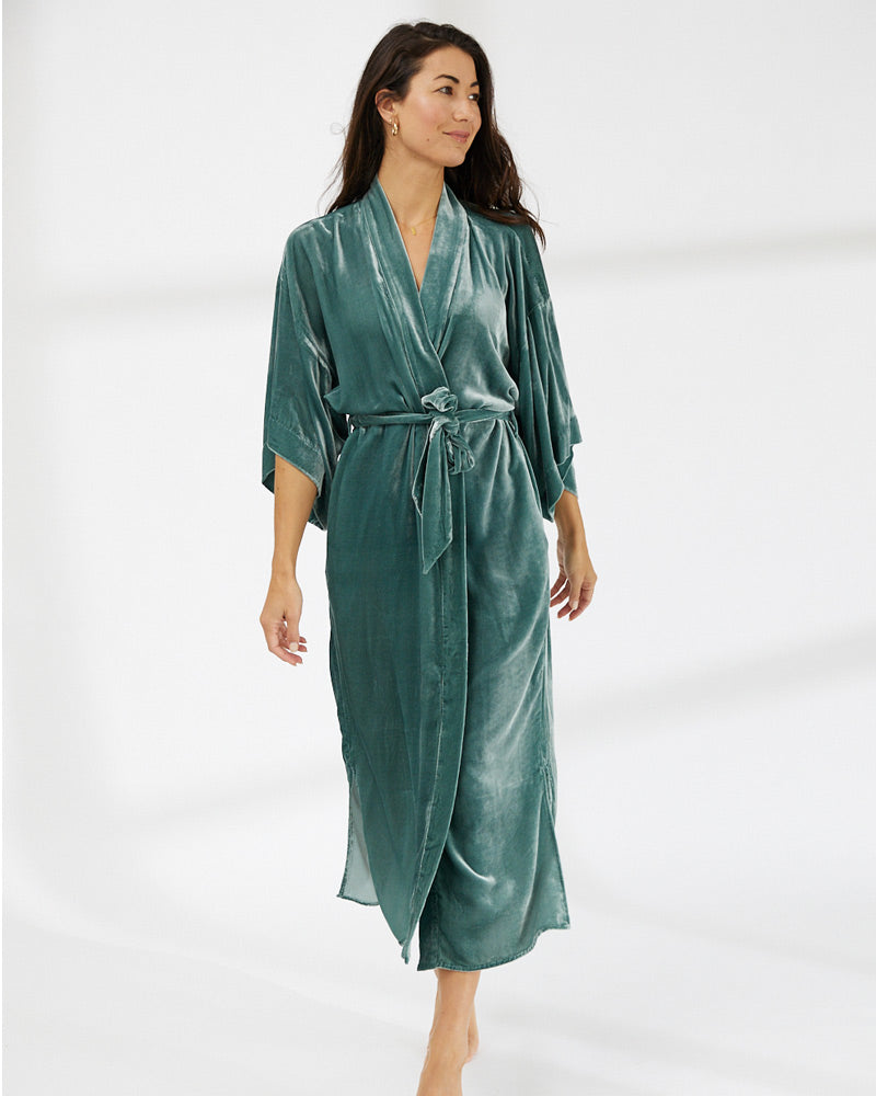 Sage Silk Velvet Kimono Robe