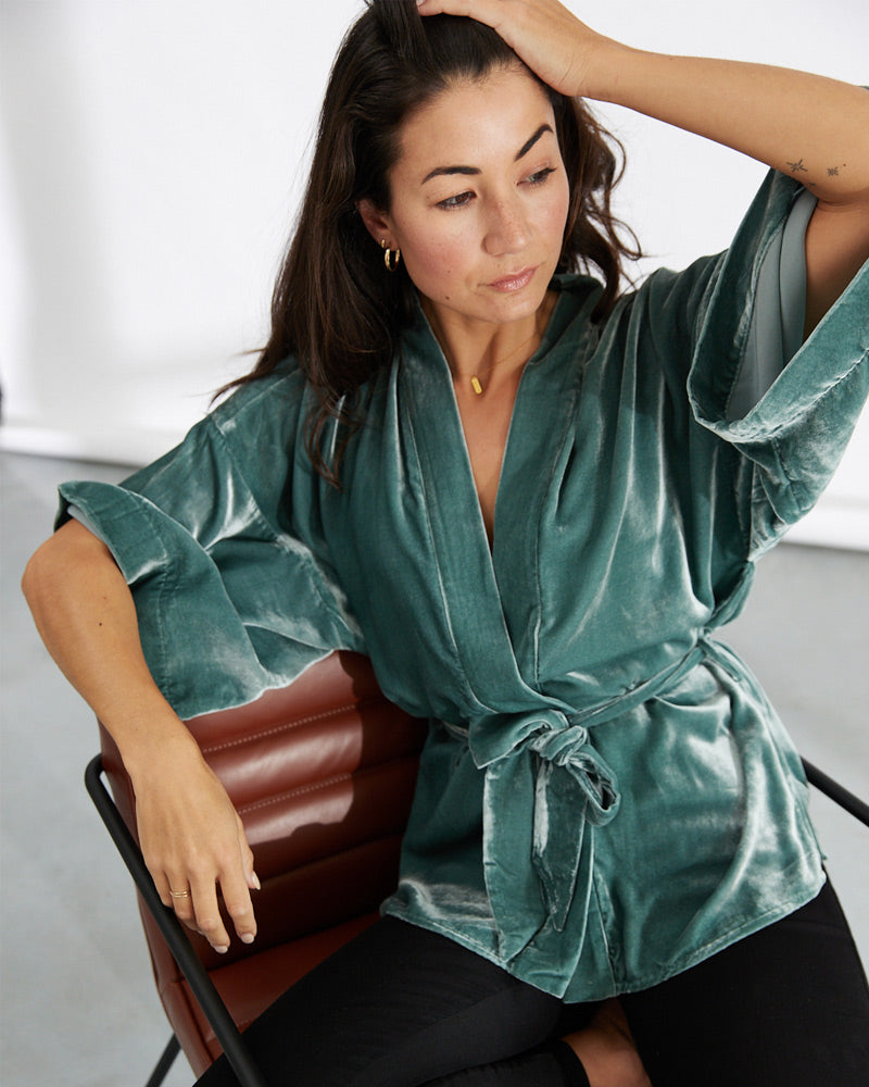 Sage Silk Velvet Kimono